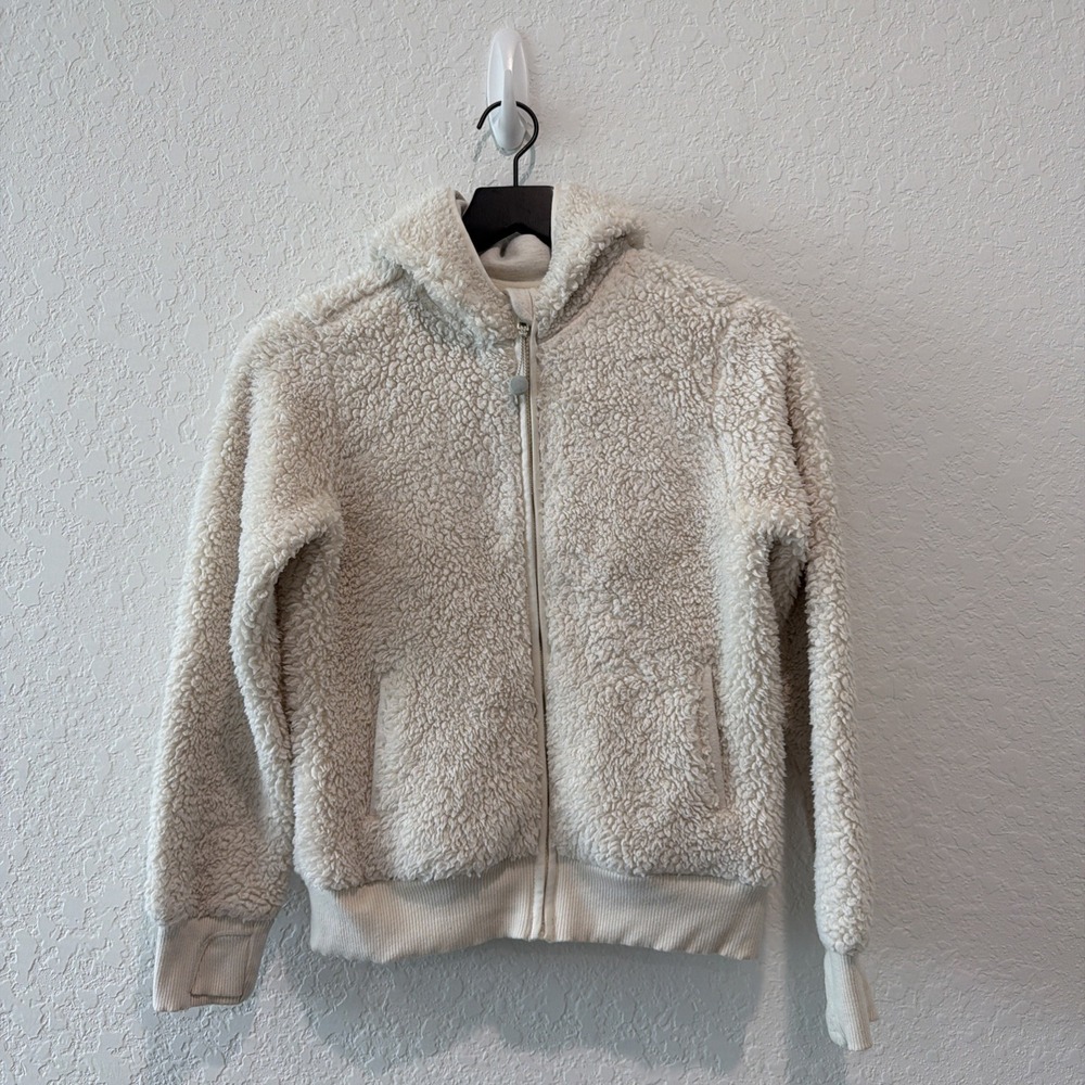 Athleta Girl Fuzzy Sherpa Cream Full Zip Hoodie Jacket Size Large 10/12